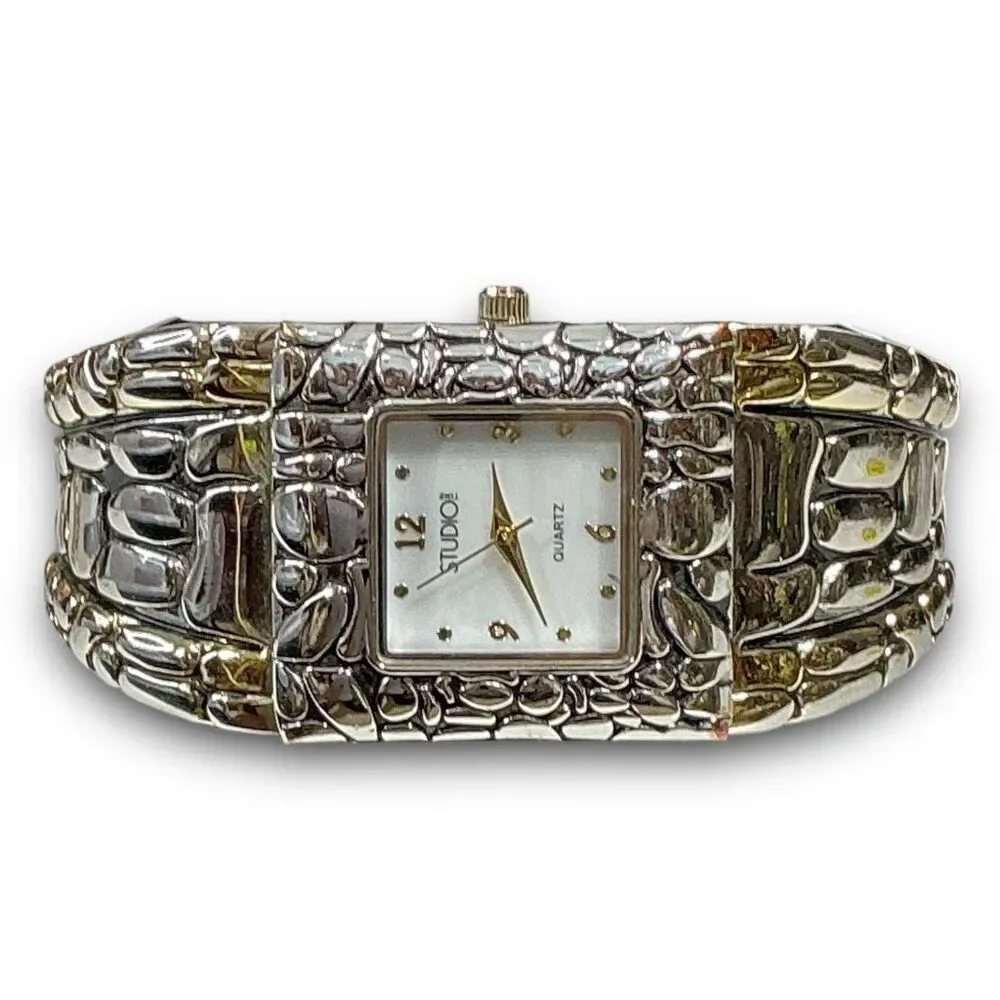 Y2K Vintage Quartz Two Tone Bezel Square Face Bangle Cuff Watch